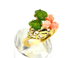 Кольцо с позолотой коралл с нефритом, "Сердечко" размер 16
