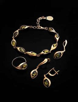 Красивые позолоченные серьги, украшенные янтарём зелёного цвета Пион, 810104151 - Амберхолл фото 5