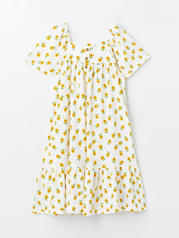 Kare Yaka ?i?ekli K?sa Kollu K?z ?ocuk Elbise