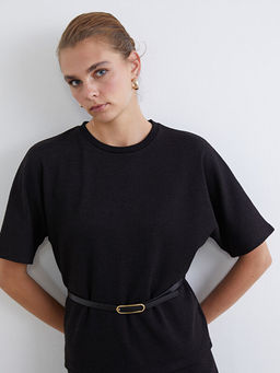 Bisiklet Yaka Beli Kemerli Bluz