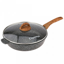 Сковорода с тефлоновым покрытием д28см "Гармония", h7см, стеклянная крышка с пароотводом, пластмассовая ручка с покрытием "soft-touch" под дерево, "Мрамор", подарочная упаковка (Россия)