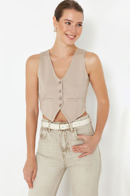 Vizon Dugme Detayl? V Yaka Crop Regular/Normal Kesim Esnek Orme Yelek TWOSS23YE00037