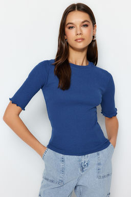 Saks Fitilli Fitted/Vucuda Oturan Bisiklet Yaka Esnek Orme Bluz TWOSS23BZ00025