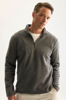 Antrasit Tuylenme Yapmayan Soguk Gecirmez Regular Fit Dik Yaka Fermuarl? Polar Sweatshirt