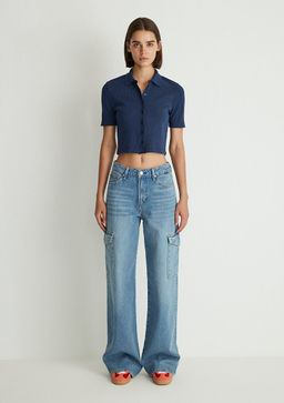 Lacivert Crop Polo Tisort - Mavi фото 3