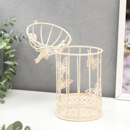 Металлический подсвечник-фонарь 1 свеча «Птица и клетка с бабочками», белый, 21.5×10×10 см