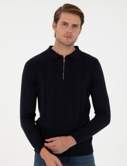 Lacivert Slim Fit Fermuarl_ Polo Yaka Triko Kazak - Pierre cardin фото 3