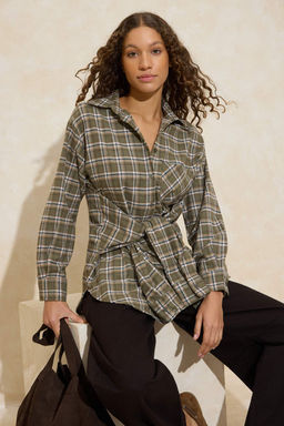 Yesil Ekoseli Belden Baglamal? Flanel Gomlek TWOAW26GO00156