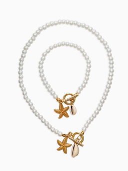 Набор 2 пред-та: бусы.браслет "Жемчуг", звезда, цвет белый в золоте L=18/42см №6