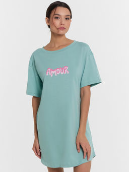 Сорочка ночная женская бирюзовая с надписью Amour пыльная бирюза +печать 572371