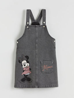 Kare Yaka Minnie Mouse Bask?l? K?z ?ocuk Jean Salopet Elbise