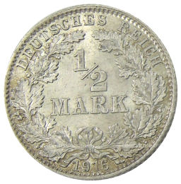 Монета 1/2 марки 1916 года D Германия