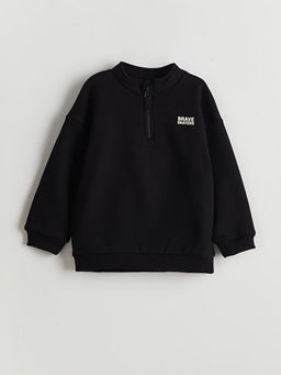 Dik Yaka Bask?l? Erkek ?ocuk Kal?n Sweatshirt