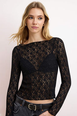 Siyah Fitted/Vucuda Oturan Uzun Kollu Dantel Orme Bluz TWOSS26BZ00441