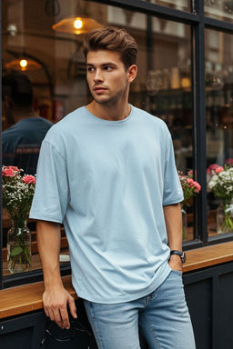 Ac?k Mavi Oversize/Genis Kesim %100 Pamuklu K?sa Kollu Basic T-Shirt TMNSS22TS0318