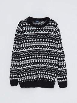 Bisiklet Yaka Desenli Uzun Kollu Erkek ?ocuk Triko Kazak