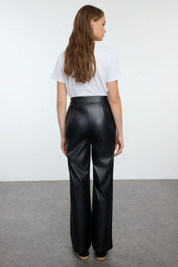Siyah Suni Deri Straight/Duz Kesim Dokuma Pantolon TWOAW25PL00011 - Trendyolmilla фото 5