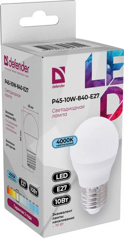Лампа светодиодная, E27, P45, 10Вт, 4000К "Defender" нейтральный белый свет, шар