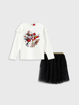 Bisiklet Yaka Mickey Mouse ve Daisy Duck Bask?l? Uzun Kollu K?z ?ocuk Ti??rt ve Etek