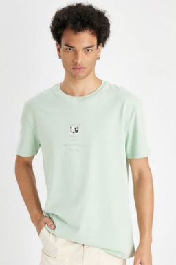 Regular Fit Bisiklet Yaka Bask?l? Pamuklu K?sa Kollu Tisort