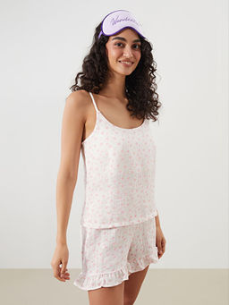 U Yaka ?i?ekli Ask?l? Kad?n ?ortlu Pijama Tak?m?