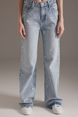 Trendyolmilla Mavi Kurdele/Fiyonk Detayl? Tasl? Normal Bel Wide Leg Jeans TWOSS25JE00234  фото 3
