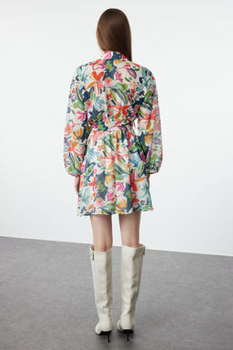 Cok Renkli Cicek Desenli Belden Ac?lan Mini Astarl? Sifon Ucus Ucus Dokuma Elbise TWOAW24EL00841