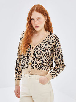 V Yaka Leopar Desenli Kad?n Triko H?rka