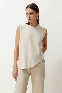 Tas More Sustainable %100 Pamuk Etek Ucu Asimetrik Bisiklet Yaka Orme T-Shirt TWOSS24TS00156