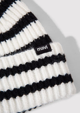 Cizgili Beyaz Bere - Mavi фото 3