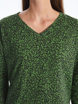 V Yaka Desenli Uzun Kollu Kad?n Bluz