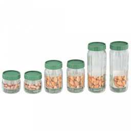 Банка для сыпучих продуктов стеклянная Кактус набор 6шт: 0,3л, h8,8см - 2шт; 0,6мл, h14см - 2шт; 1л, h22,6см - 2шт, горло д7,5см, основание д8см, винтовая пластмассовая крышка зеленого цвета, в коробке (Китай) - Домашняя мода фото 2