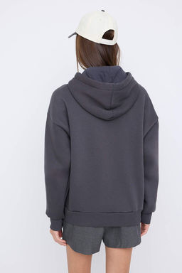 Teen Antrasit Kal?n Ici Polarl? Kapusonlu Cepli Asimetrik Orme Sweatshirt TWOAW26SW00113