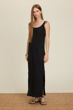 Straight Fit Yuvarlak Yaka Modal Ask?l? Siyah Maxi Elbise