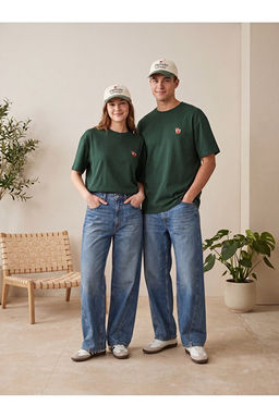Unisex Haki Oversize/Geni_ Kesim Tilki Nak__l_ %100 Pamuk T-Shirt TMNSS26TS00047