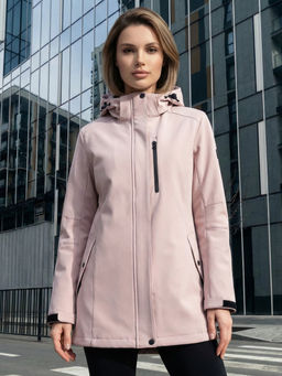 Парка женская софтшелл виндстоппер удлинённая с капюшоном розового цвета 9618_1R