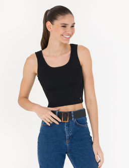 Siyah Crop Top Triko Bluz