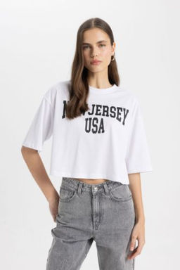 Oversize Genis Kal?p Bisiklet Yaka Bask?l? K?sa Kollu Tisort