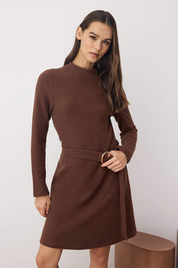 Vizon Selanik/Triko Gorunumlu Skater Kemer Detayl? Mini Orme Elbise TWOAW26EL00162