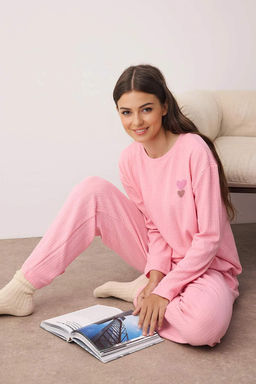 Pembe Kalp Nak?sl? Fitilli Yumusak Tuse K?sl?k Orme Pijama Tak?m? THMAW26PT00094