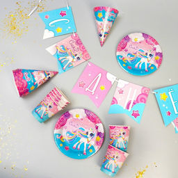 Набор бумажной посуды С днём рождения!, 6 тарелок, 6 стаканов, 6 колпаков, гирлянда