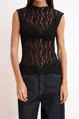 Siyah Fitted/Vucuda Oturan Dik Yaka Kolsuz Dantel Orme Bluz TWOSS26BZ00699 - Trendyolmilla фото 3