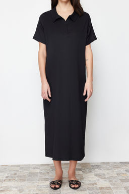 Siyah Polo Yaka K?sa Kol Midi Burumcuk/Dokulu Orme Elbise TWOSS24EL00478