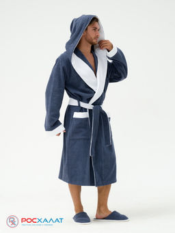 Мужской махровый халат с капюшоном с белой отделкой серый+белый МЗ-05-1 (84) - Росхалат фото 2