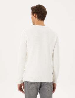 Ekru Slim Fit Bisiklet Yaka Triko Kazak