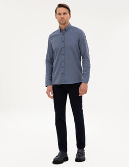 Koyu Mavi Flanel Dokulu Slim Fit Uzun Kollu G_mlek