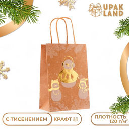Цена за 12 шт. Пакет подарочный новогодний, крафт с золотым тиснением, Снеговик круглая ручка, 15?21?8 см, 120 г