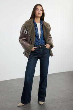 Vizon Regular Kal?p Yakas? Kemer Detayl? Peluslu Suet Biker Ceket Mont TWOAW25MO00011