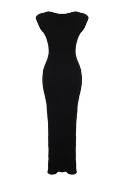 Siyah Dokulu Kumas Fitted/Vucuda Oturan Ay Kol Orme Esnek Midi Kalem Elbise TWOSS24EL00103