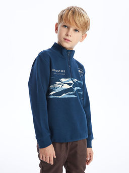 Dik Yaka Bask?l? Uzun Kollu Erkek ?ocuk Sweatshirt